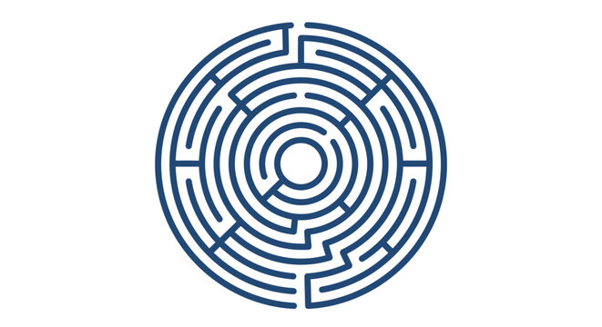 Round intricate labyrinth puzzle in minimalist blue line style.
