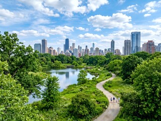 Obraz premium 高層ビルが並ぶ都市のスカイライン緑豊かな公園で人々が歩く景色