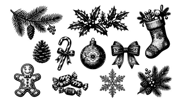 Set of hand drawn christmas elements isolated on white background in vintage engraving style