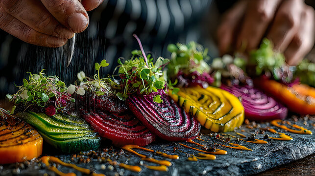 Gourmet roasted beetroot salad fine dining plating microgreens balsamic glaze Images