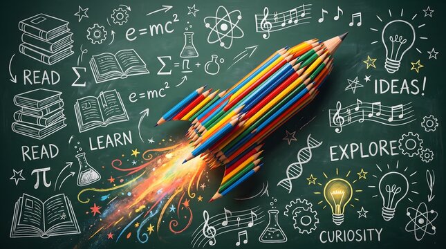 Pencil rocket launching on chalkboard. Creative education concept with school doodles.