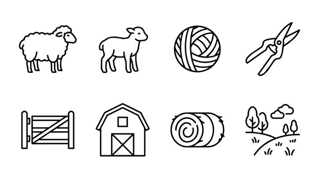 Collection of line art icons representing sheep, lamb, yarn, shears, gate, barn, hay bale, and a farm landscape