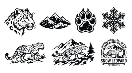 Obraz premium Monochrome Graphic Set Featuring Snow Leopards in Mountain Environments for Awareness