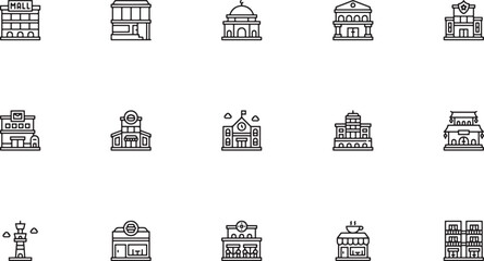 City infrastructure and civic buildings outline icon set featuring classic courthouses public schools government domes local retail stores and townhalls vector © Mr. Akash