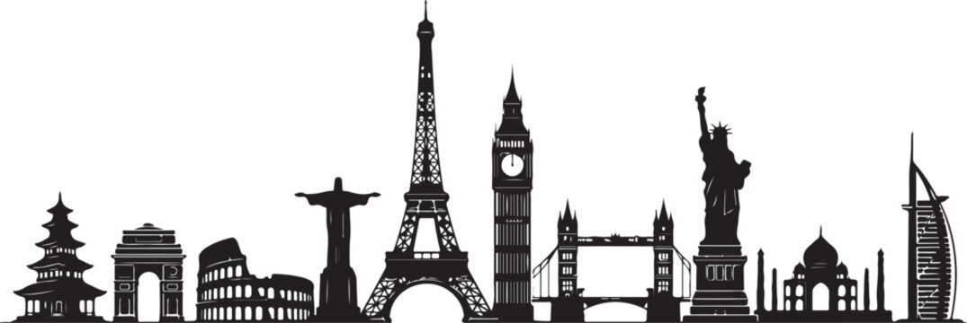 Black silhouette skyline of famous world landmarks and monuments