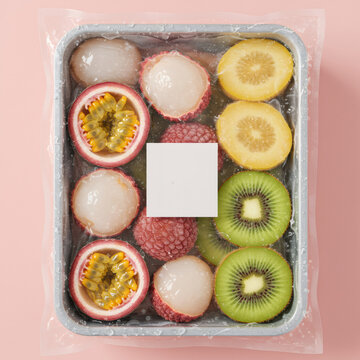 Frozen tropical fruit selection in sealed vacuum pack with blank label for fresh and healthy eating concept
