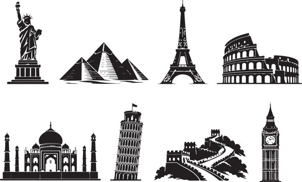Set of black silhouettes of famous world travel landmarks and icons