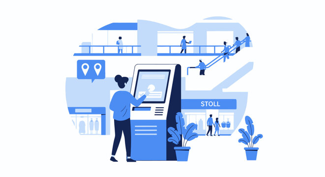Woman Using Interactive Digital Kiosk for Navigation in Modern Shopping Mall Illustration - Flat Vector Concept of Information Terminal and Self-Service Technology