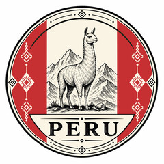 Obraz premium Peru Emblem with Llama and Mountain Landscape