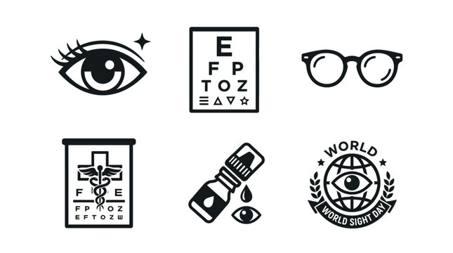Set of Ophthalmology and Optometry Themed Icons Representing Eye Health Care Services