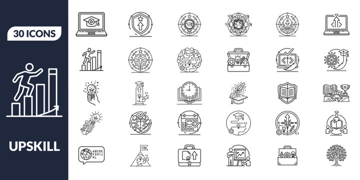 Set of 30 Upskill Line Icons Representing Professional Growth E-Learning Skill Development Career Advancement and Education Vector Outline Illustrations