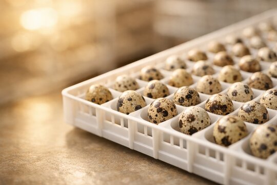 A close-up shows fresh speckled quail eggs neatly arranged in a white plastic tray. These nutritious eggs are perfect for gourmet cooking, healthy eating, and sustainable farming projects.