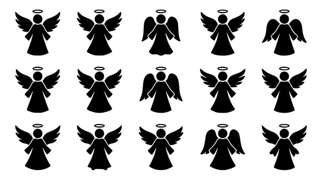 Set of black angel silhouettes with wings and halos isolated on white background