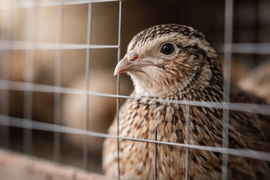 Close-up of a brown speckled Japanese quail bird inside a wire cage. This imagery is ideal for sustainable farming, poultry production, or animal husbandry projects.