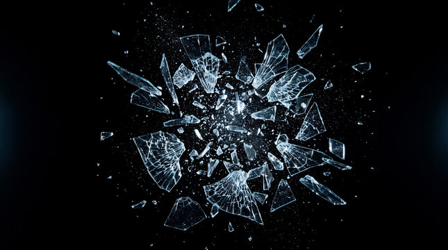 Shattered Glass Explosion: A dramatic explosion of shattered glass fragments against a stark black background, creating a dynamic and powerful abstract visual.