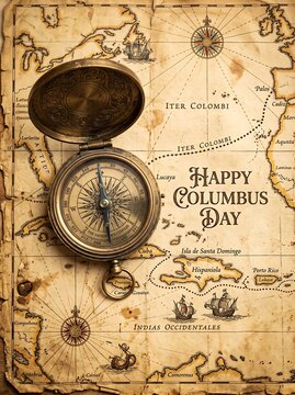 Vintage compass and old map with Happy Columbus Day text for exploration theme