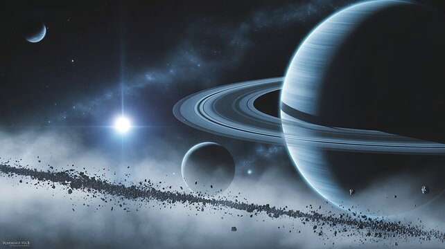 A digital composite image showing a huma-like view of a majestic gas giant planet with rings in deep space