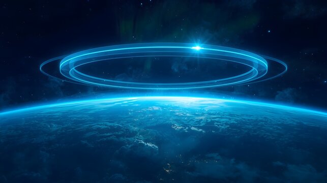 Sci-fi cyber security radar display with luminous dome shield and data network rings