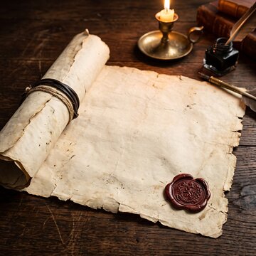 Ancient parchment scroll with wax seal on wooden table with candle and quill