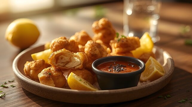 Golden fried calamari bites served with red dipping sauce and lemon wedges