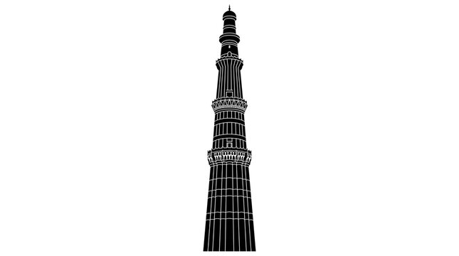 Black and white vector silhouette of the Qutub Minar in Delhi, India. Historic minaret and UNESCO world heritage monument isolated on white background.
