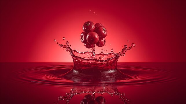 Fresh red cranberries splashing into juice liquid forming a dynamic crown wave
