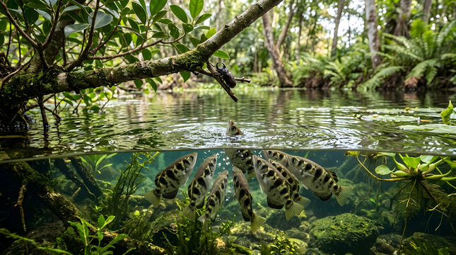 Archerfish hunting in a tropical river. Split level view of exotic fish in clear water.