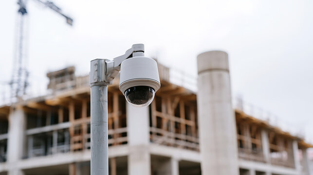 Modern surveillance camera monitor construction site activity, ensure safety, and protect property during urban development project