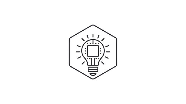 Minimalist smart idea lightbulb icon with microchip inside hexagon frame