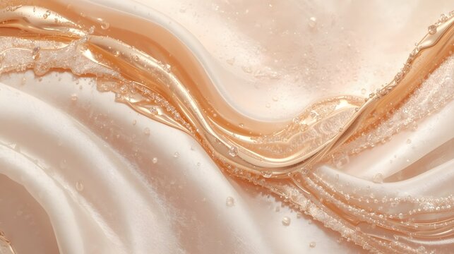 Abstract rose gold liquid wave texture with shimmering crystal sparkles and droplets