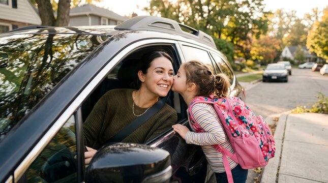 Mother dropping daughter off at school. Child kissing mom goodbye before morning class.