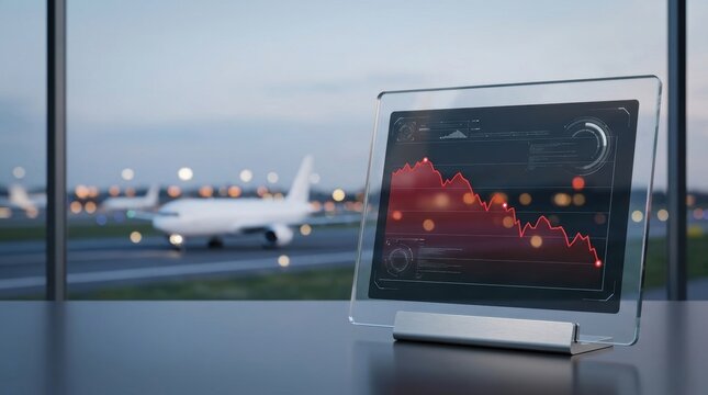 Digital tablet displaying a downward trend graph on an airport tarmac with planes at dusk