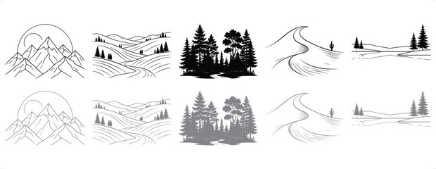 Mountain vineyard and forest landscapes with rolling hills and desert dunes in vector illustration style © Graphic Seller