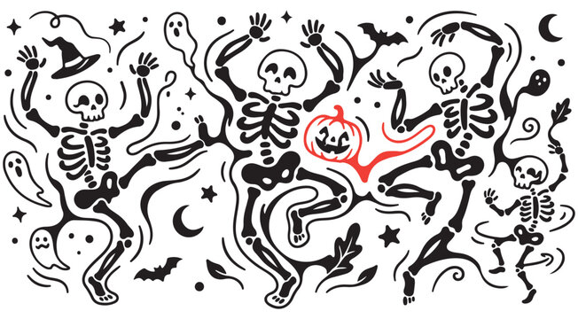 Halloween banner vector illustration with dancing skeletons ghosts and pumpkin doodle elements