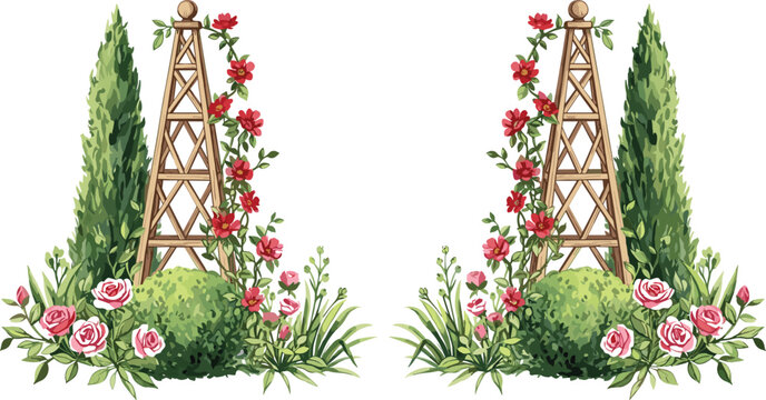 Vector illustration pair of elegant garden landscaping featuring tall wooden obelisk trellises with climbing red roses, conical cypress trees, and pink rose bushes