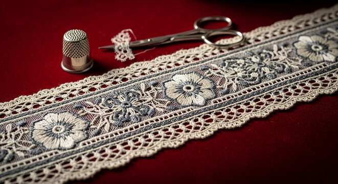 Vintage Lace Trim with Scissors and Thimble on Red Velvet Background