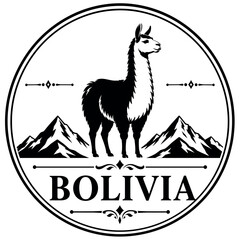 Obraz premium Bolivia country emblem with llama and mountains, black and white