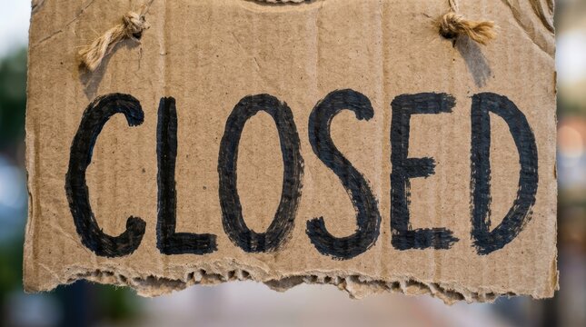 Cardboard sign with the word CLOSED handwritten in black letters hanging by twine