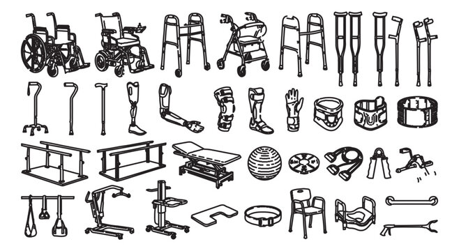 Medical mobility equipment icons set, rehabilitation and physical therapy tools vector, orthopedic aids and disability support devices
