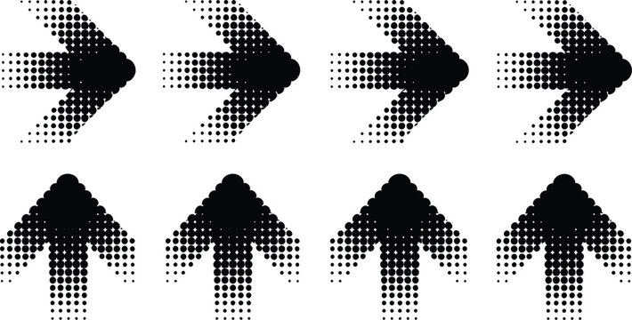 Halftone arrow set silhouette four right and four upward directional indicators for design