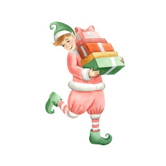 A New Year's illustration featuring a cute little elf. Delivering gifts on Christmas Eve on a snowy winter night. The fairytale scene is hand-drawn. Suitable for design, cards, greetings, and printing