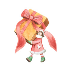 A New Year's illustration featuring Santa's elf carrying a huge gift through a snowy winter forest. The cute girl is hand-drawn as a cartoon character. Suitable for design, cards, posters, and print