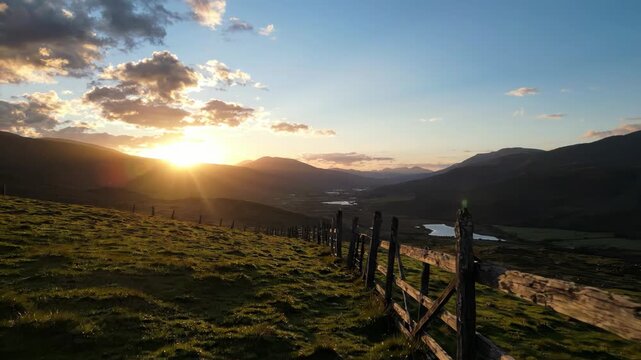 Sunset over a grassy hill with a rustic wooden fence in the countryside