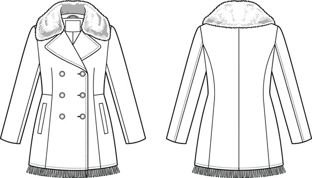 Fashion technical sketch of double breasted coat with fur collar and fringe hem front and back view vector apparel template