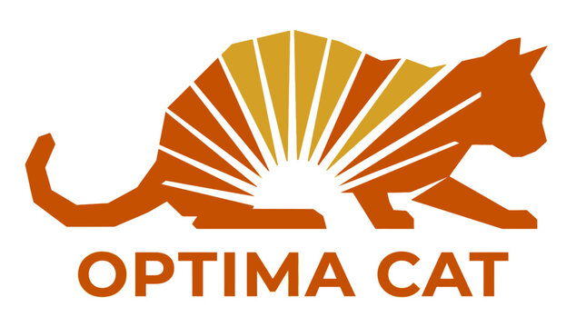 Optima Cat Logo: A stylized orange cat silhouette with a sunburst pattern inside, representing energy and optimism, alongside the bold text OPTIMA CAT.