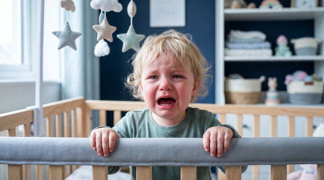 Crying toddler standing inside a crib in a modern nursery representing childhood distress, bedtime anxiety, tantrum and parenting challenges.