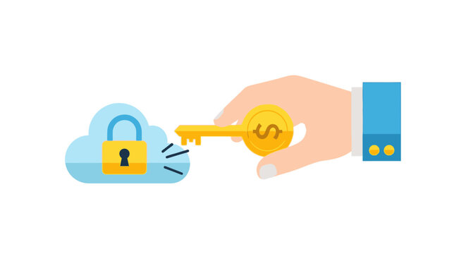 Financial Access to Cloud Data Security Illustration: Hand with Golden Dollar Key Unlocking a Cloud Padlock for Ransomware, Subscription, or Monetization Concept