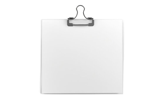 Blank white paper document sheets fastened by a metal binder clip, suspended, ready for text or design, transparent background