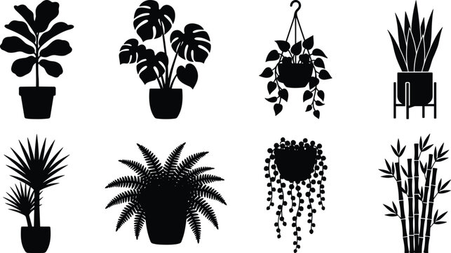 Potted houseplants silhouette icon set featuring fiddle leaf fig monstera pothos snake plant yucca fern and bamboo