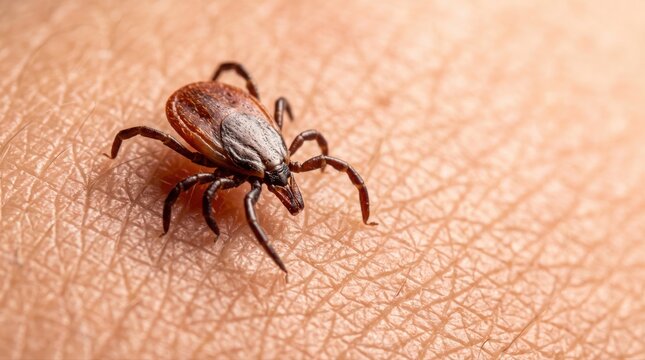 A detailed close-up shows a tick crawling on human skin. This image is perfect for illustrating health risks, disease transmission, and pest awareness campaigns.